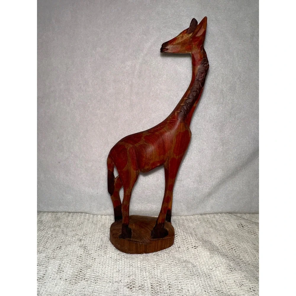 Hand Carved‎ Wooden Giraffe Figurine Animal Statue Red Brown Patina Rustic Decor